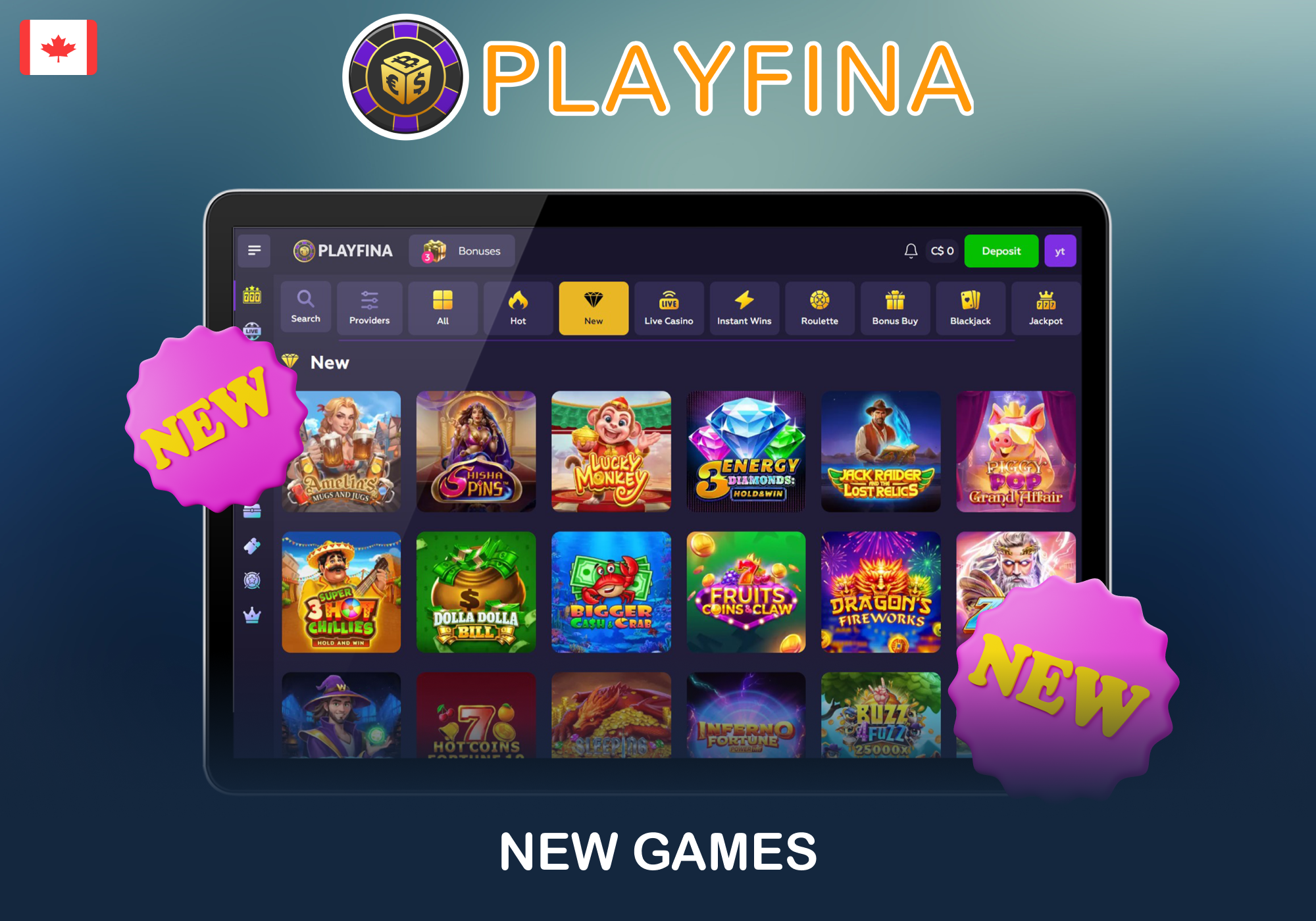The New section showcases Playfina’s latest game additions