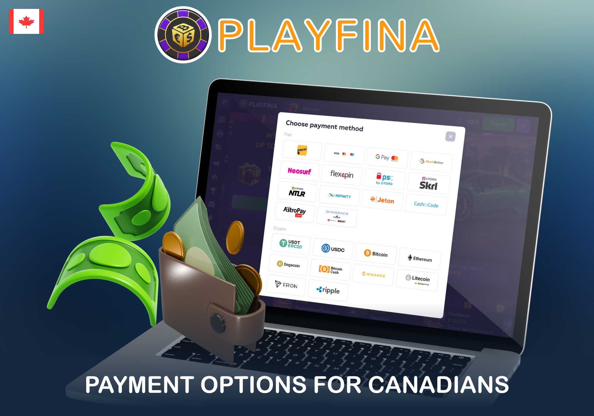 Payment solutions at Playfina Casino are adapted for users in Canada